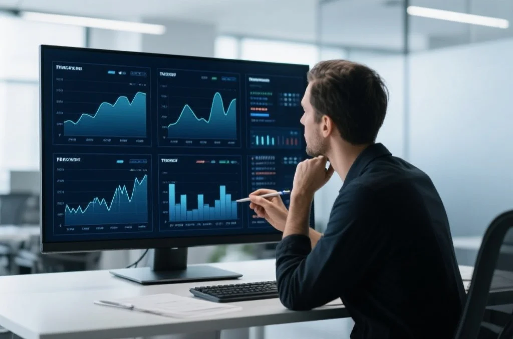 一个人在现代办公室里专注地分析多个数字趋势图