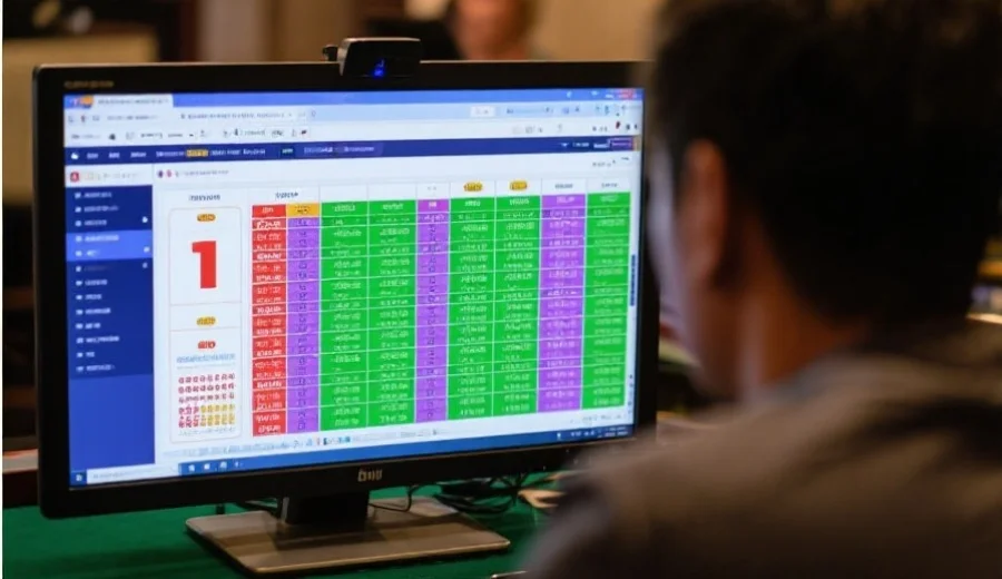 一位玩家在电脑屏幕前浏览澳洲幸运十开奖结果网页的场景，显示清晰的数据表格