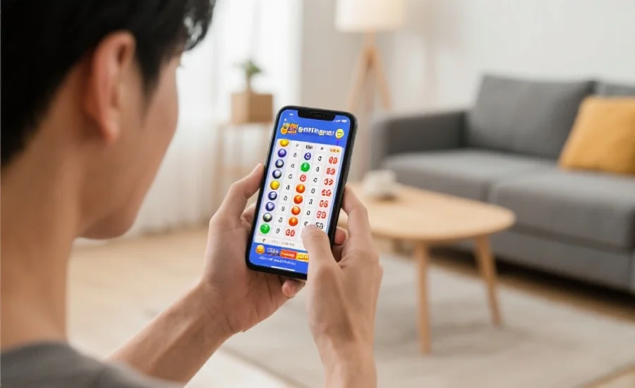 一个现代家庭环境中,青年正在用手机查看数字型游戏开奖结果,屏幕上显示着数字球和结果列表